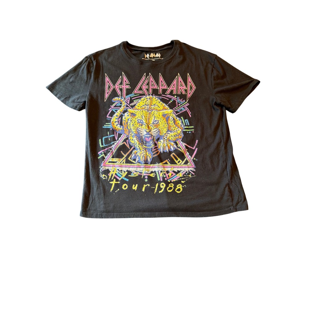 Def Leppard T-Shirt Black Hysteria Tour 1988 Neon Leopard Graphic Tee XL 2023